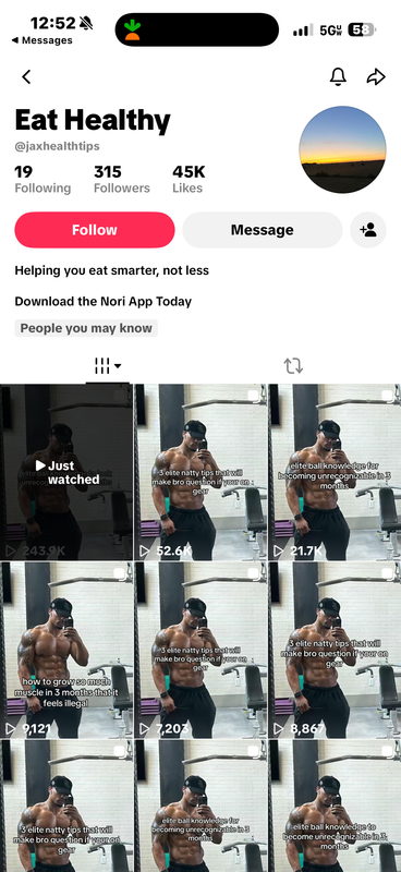 Eat Healthy TikTok profile with 45K likes, promoting the Nori app